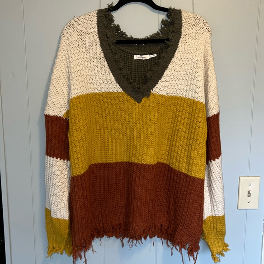 Oversized Color Block Raw Edge Sweater